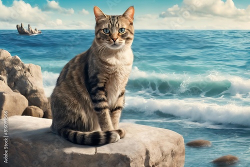 cat is sitting on a rock near the ocean