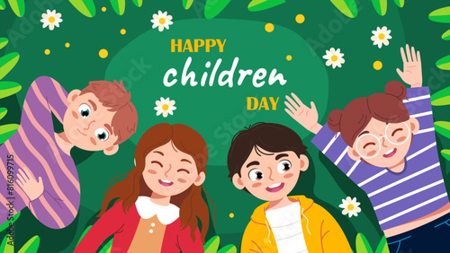 Happy children day. International childrens day. Vector of happy childrens day background poster with happy kid for poster, banner, card. First June