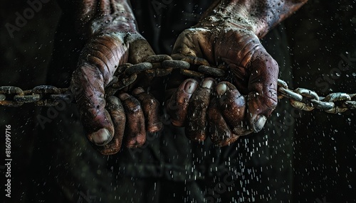 Close-up of dirty hands firmly grasping an old, rusted chain, depicting hard work and struggle © dr.rustem