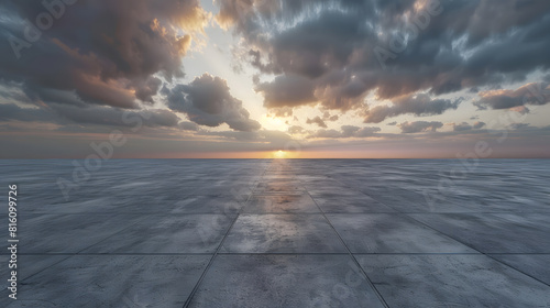 Dark Concrete Floor Background with Dramatic Sky Clouds and Sunset Horizon : Generative AI