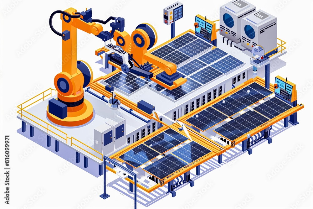 A robot working on a solar panel in a factory A robot working on a solar panel in a factory