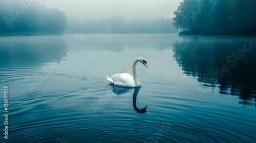 Swan swimming in a lake with foggy trees in the background