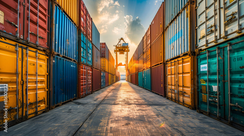 A view of a narrow walkway between two rows of shipping containers photo