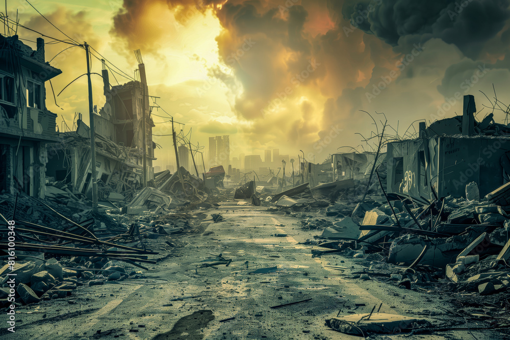 Fototapeta premium City street devastated with demolished buildings and scattered debris
