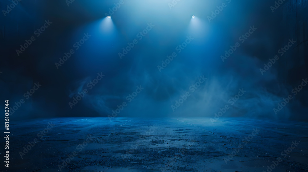 Naklejka premium A dark empty street dark blue background an empty dark scene neon light spotlights The asphalt floor and studio room with smoke float up the interior texture night view : Generative AI