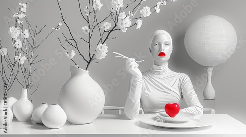 Mim a woman sitting at a table with a red heart-shaped dessert in front of her. She is wearing a white dress and red lipstick. The concept of love, affection, and romantic feelings. Illustration. photo