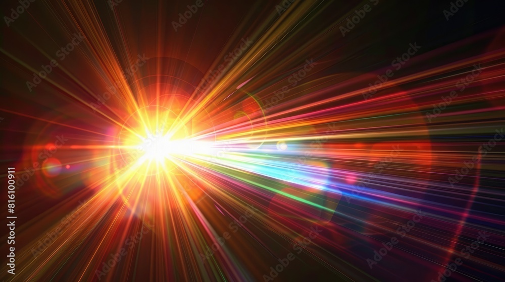 Abstract sun burst, digital flare, iridescent glare, lens flare effects over black background for overlay designs Abstract sun burst, digital flare, iridescent glare, lens flare effects over black background for overlay designs