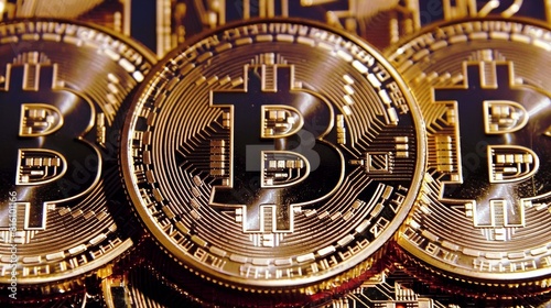 Golden Bitcoin Cryptocurrency Coins in Close-Up