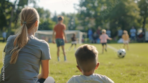 Parent and Child Watching Kids Play Soccer on Sunny Day