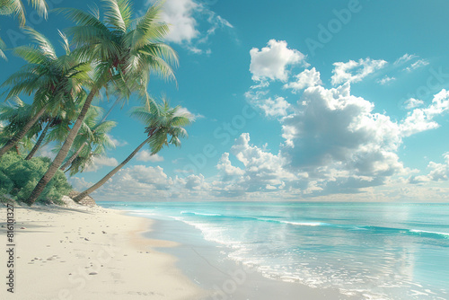 A secluded sandy beach with platinum palm trees swaying in a warm breeze