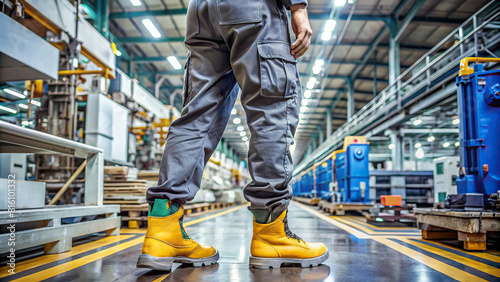 A detailed perspective of a factory worker's lower body, emphasizing the importance of safety shoes and the meticulous attention to safety measures in a manufacturing environment. photo