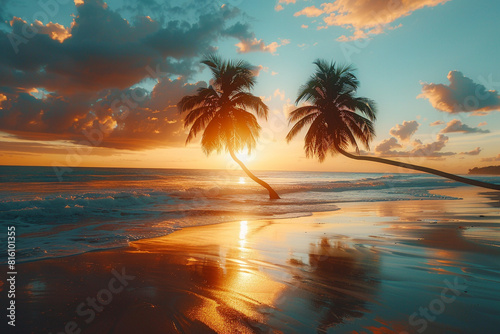 A golden hour glow casting luxurious shadows of palm trees on the beach