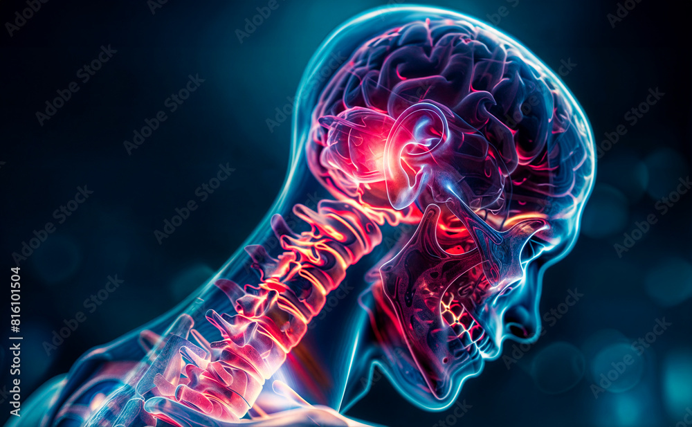 Medical 3D x-ray illustration of a human spine and brain, painful nervs ...