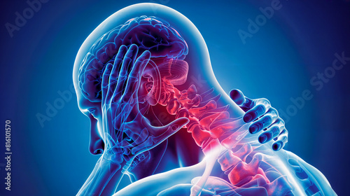 3D illustration of a human with neck pain, the painful areas are highlihted in a red colour photo