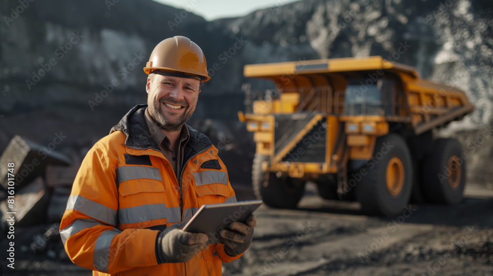Man in workwear smiles holding tablet near dump truck. Generative AI Man in workwear smiles holding tablet near dump truck. Generative AI