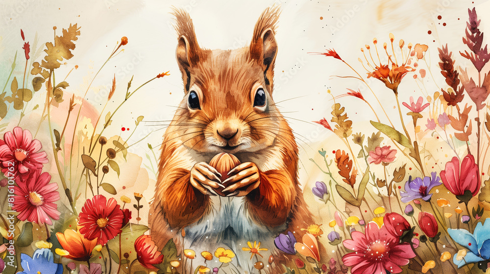 Fototapeta premium Watercolor style illustration of a red squirrel holding a hazelnut, sitting in a field of colourful flowers