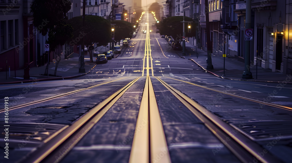 Low angle twilight view of an empty road with cable car tracks leading up a steep hill at famous California Street at dawn San Francisco California USA : Generative AI Low angle twilight view of an empty road with cable car tracks leading up a steep hill at famous California Street at dawn San Francisco California USA : Generative AI