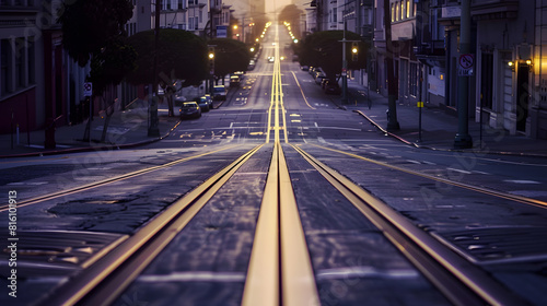Low angle twilight view of an empty road with cable car tracks leading up a steep hill at famous California Street at dawn San Francisco California USA : Generative AI
