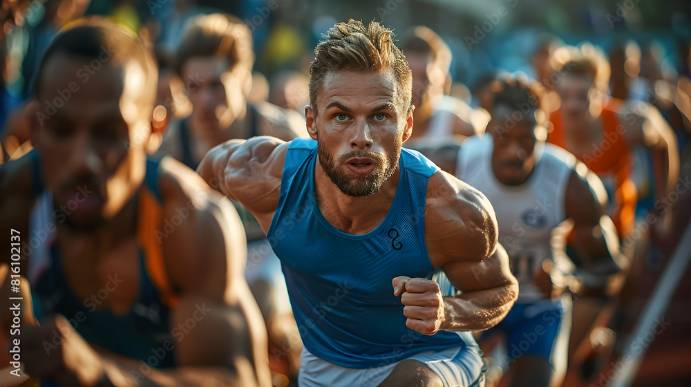Photo realistic athletes warming up before a race: Candid shot showcasing determination, focus, and energy in competitive setting Photo realistic athletes warming up before a race: Candid shot showcasing determination, focus, and energy in competitive setting