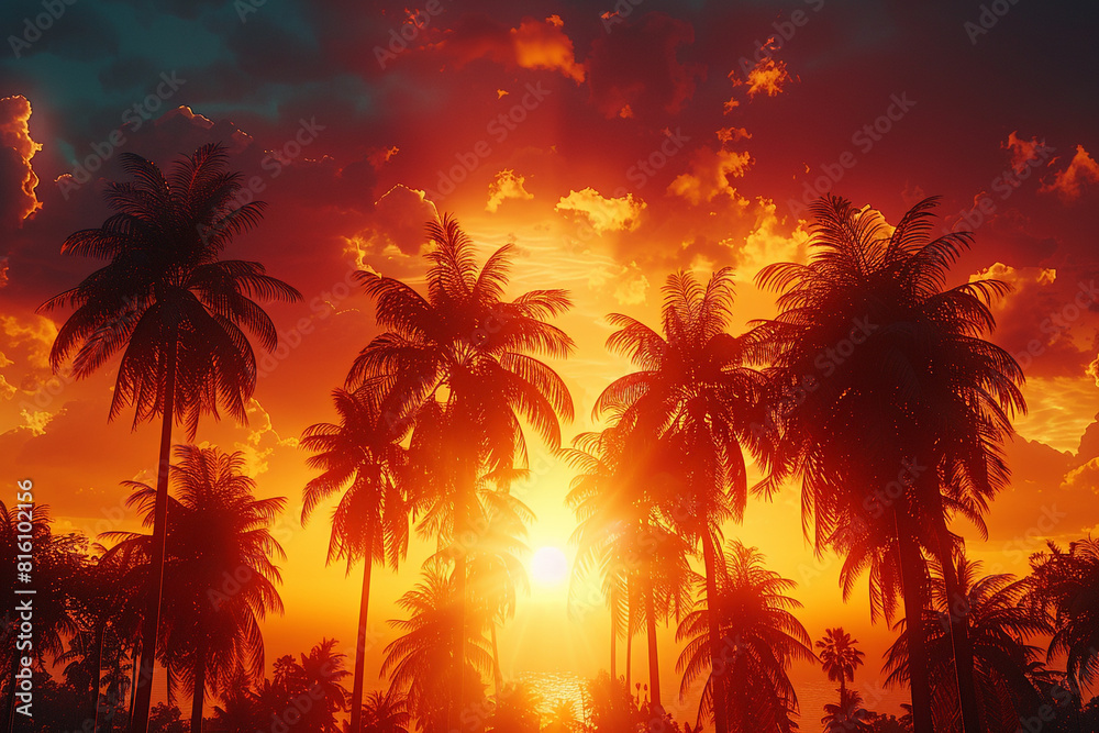 The silhouette of elegant palm trees against a fiery summer sunset