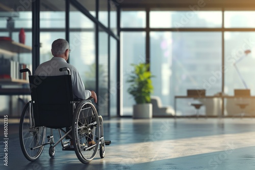 Elderly gentleman in wheelchair looking out a window in a bright, contemporary office setting