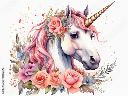 Unicorn decorated with flowers on an isolated white background watercolor illustration cute unicorn