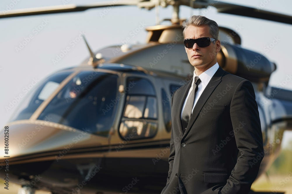 Stylish executive in a suit stands in front of his luxury helicopter Stylish executive in a suit stands in front of his luxury helicopter