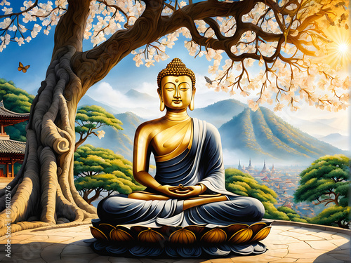 Vesak s Serenity  Buddha Meditates Under Bodhi Tree. Enlightenment s Source nirvana. generative AI