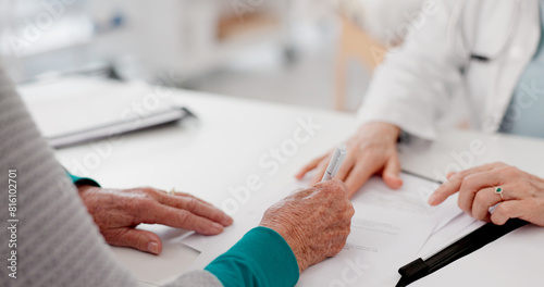 Hands  signature and doctor with patient and paperwork for healthcare and insurance. Talking  hospital and a medical employee with documents or a contract for a person while consulting for cardiology