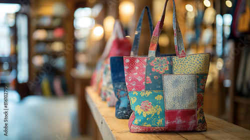 Handcrafted Patchwork Tote Bags Displayed in Artisan Shop