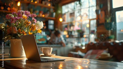 Blogger Writing Post on Laptop in Quaint Cafe, Emphasizing Flexibility Charm of Remote Work in Cozy Atmosphere Photo Realistic