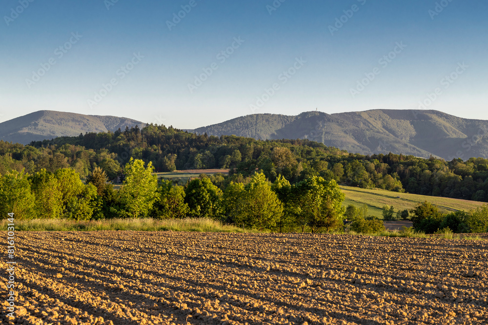 Landscape with trees, mountains and a plowed field in the light of the golden hour Landscape with trees, mountains and a plowed field in the light of the golden hour