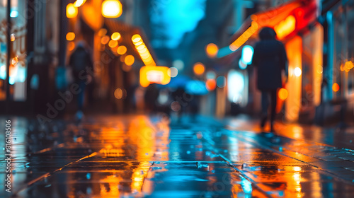Fototapeta Naklejka Na Ścianę i Meble -  Blurred old city pedestrian street and night city lights after rain : Generative AI