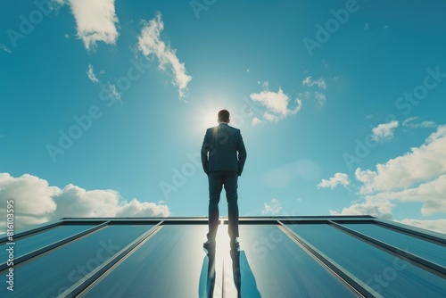 Back view of a businessman looking up at the sunny sky atop a building, symbolizing hope and ambition