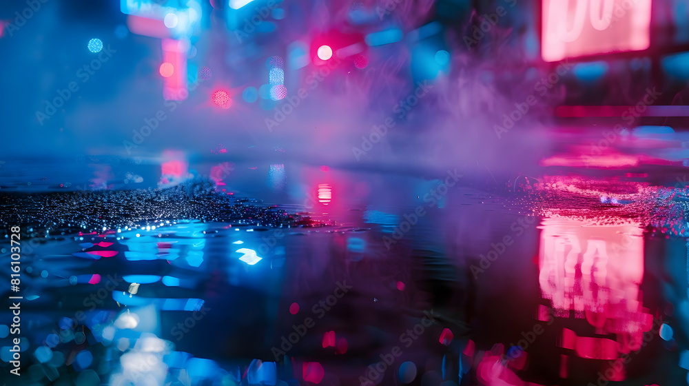 Wet asphalt reflection of neon lights a searchlight smoke Abstract light in a dark empty street with smoke smog Dark background scene of empty street night view night city : Generative AI