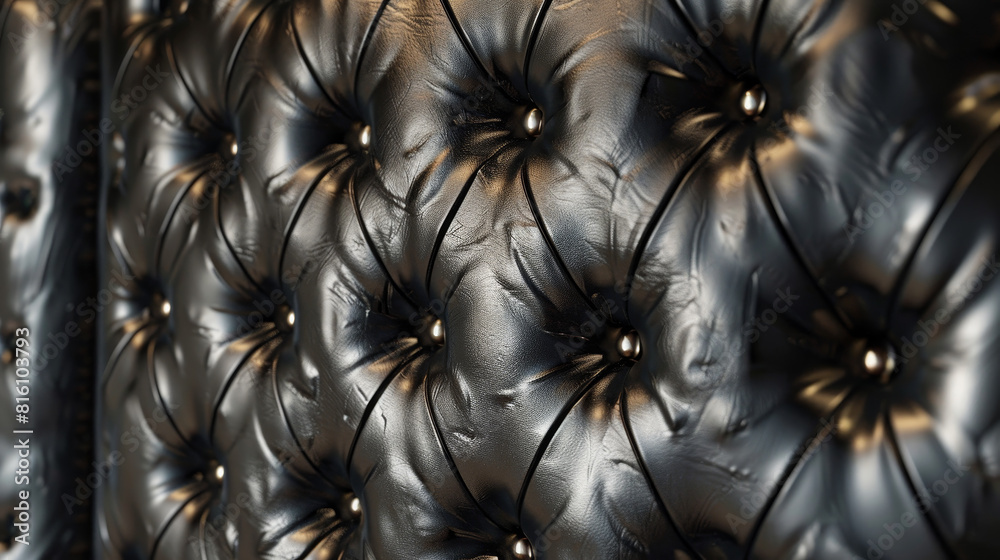 A close up of a black leather couch with silver buttons A close up of a black leather couch with silver buttons