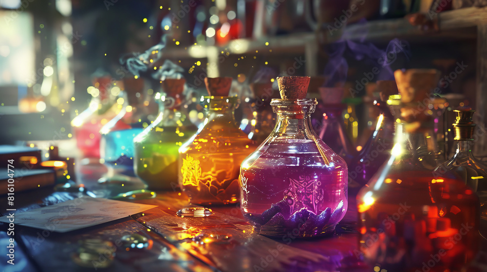 A table with many colorful bottles of liquid A table with many colorful bottles of liquid