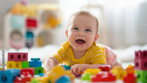 baby giggling joyfully while playing with colorful toys