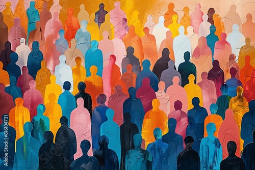 Large crowd, diverse people, paper cut out style, vibrant colors