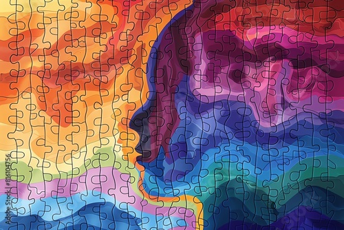 Jigsaw puzzle in head profile, mental health focus, vector line art