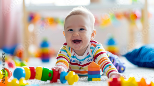 baby giggling joyfully while playing with colorful toys