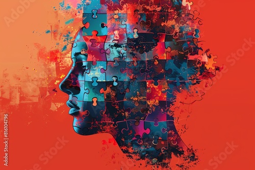 Head profile, puzzle overlay, brain problem illustration, line vector photo