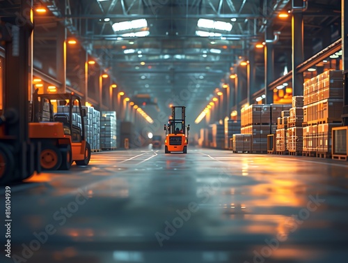 Logistics center filled with goods, forklifts transporting pallets, soft focus on distant transport