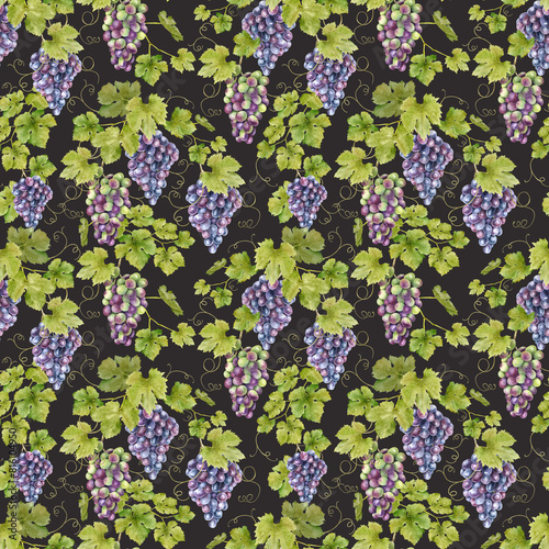 A bunch of red grapes, vines with leaves. Watercolor seamless pattern on a dark background. For fabric, packaging paper, scrapbooking, product packaging design