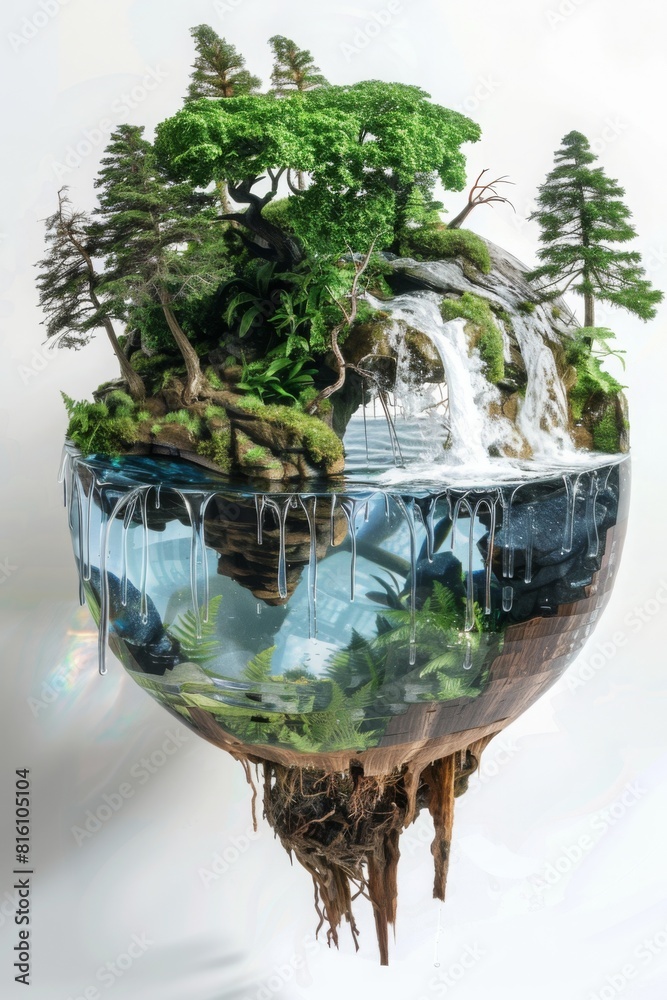 World Environment Day. Floating miniature ecosystem in glass orb, features trees, waterfall, lush landscape, represents fragility and beauty of planet, environmental protection, sustainability World Environment Day. Floating miniature ecosystem in glass orb, features trees, waterfall, lush landscape, represents fragility and beauty of planet, environmental protection, sustainability