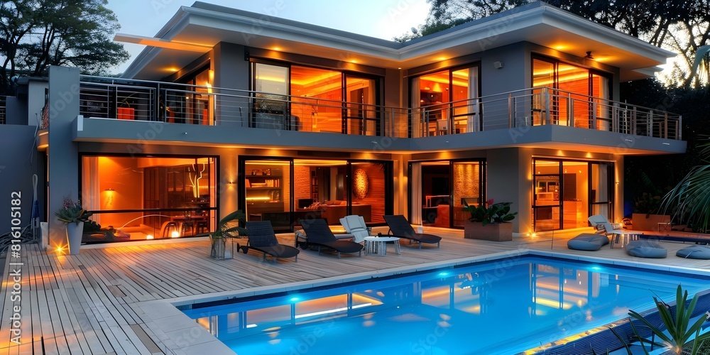 Modern House Design featuring Large Windows, Pool, Balcony, and Ambient Lighting. Concept Architecture, Interior Design, Home Features, Modern Lifestyle, Residential Spaces Modern House Design featuring Large Windows, Pool, Balcony, and Ambient Lighting. Concept Architecture, Interior Design, Home Features, Modern Lifestyle, Residential Spaces