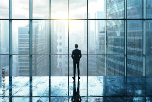 The successful businessman contemplating the future at sunrise. Silhouetted against the urban cityscape with office windows. Embracing the ambition and opportunity of the early morning light