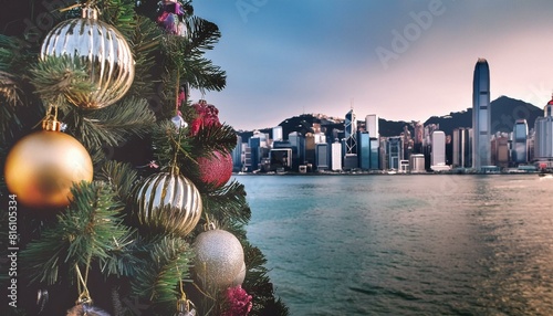 close up shot of Dior Christmas tree at waterfront promenade near K11 MUSEA in Hong Kong. AI generated photo