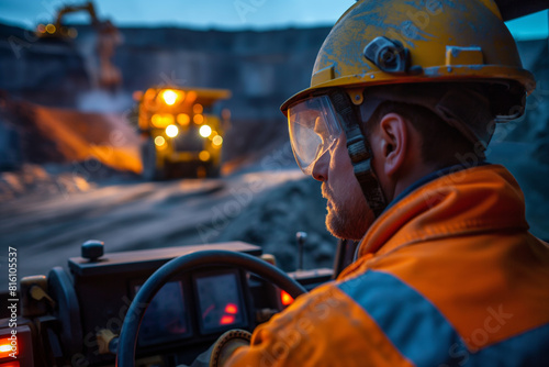 An engineer in workwear and helmet drives a truck in a mine under the sky. Generative AI photo