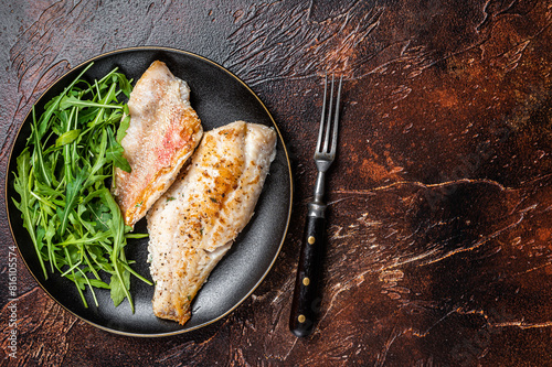 Roasted Snapper, sea red perch fillet on a plate with salad. Dark background. Top view. Copy space
